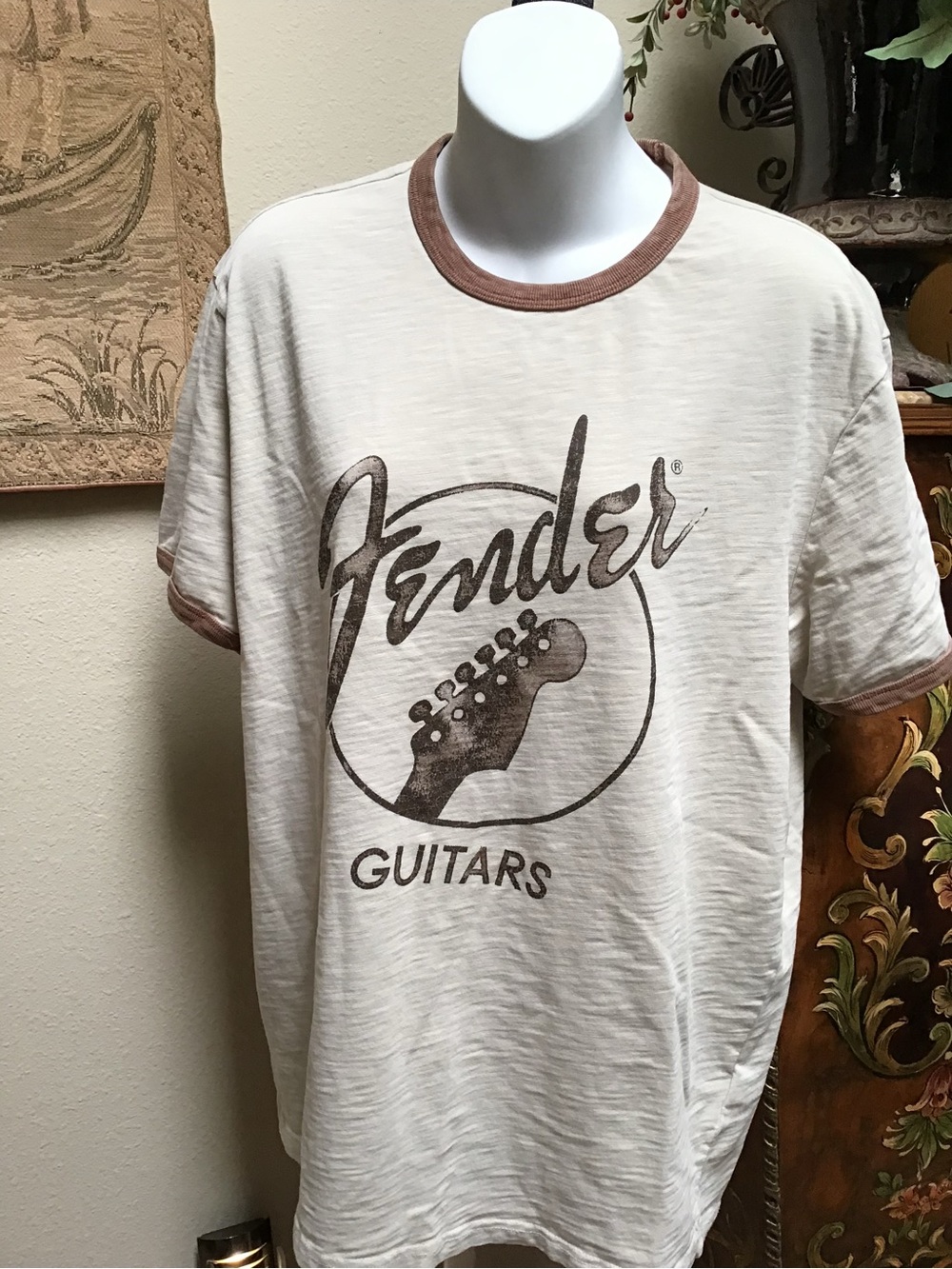 Lucky Brand Cream and Brown Fender Graphic Ringer Tee
